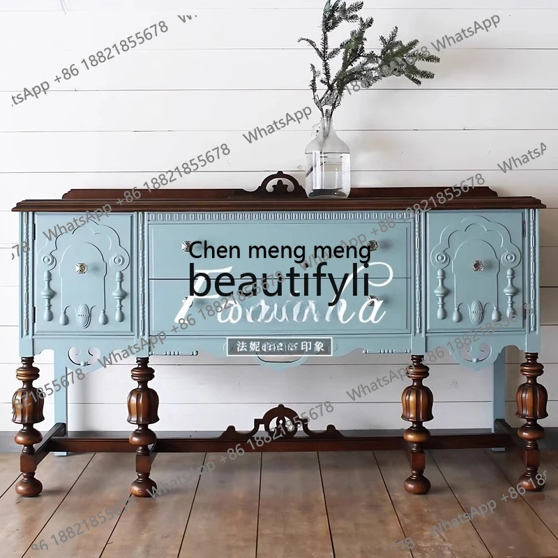 

French entrance dining side cabinet European solid wood carving flower American light luxury wall locker