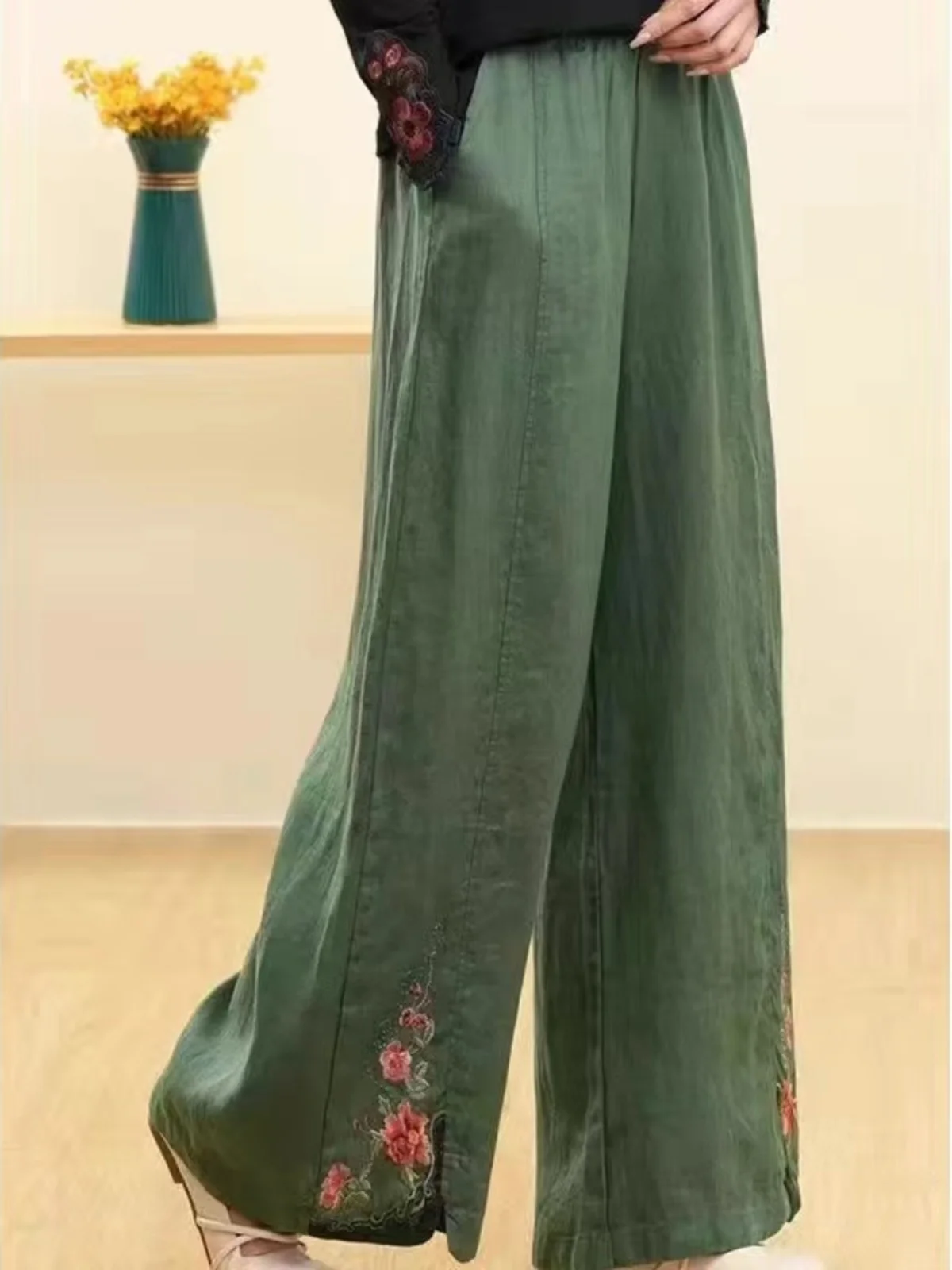 

Повседневные женские брюки из хлопка и льна с широкими штанинами, с высокой талией, вышитые, легкие, в китайском стиле, свободного кроя