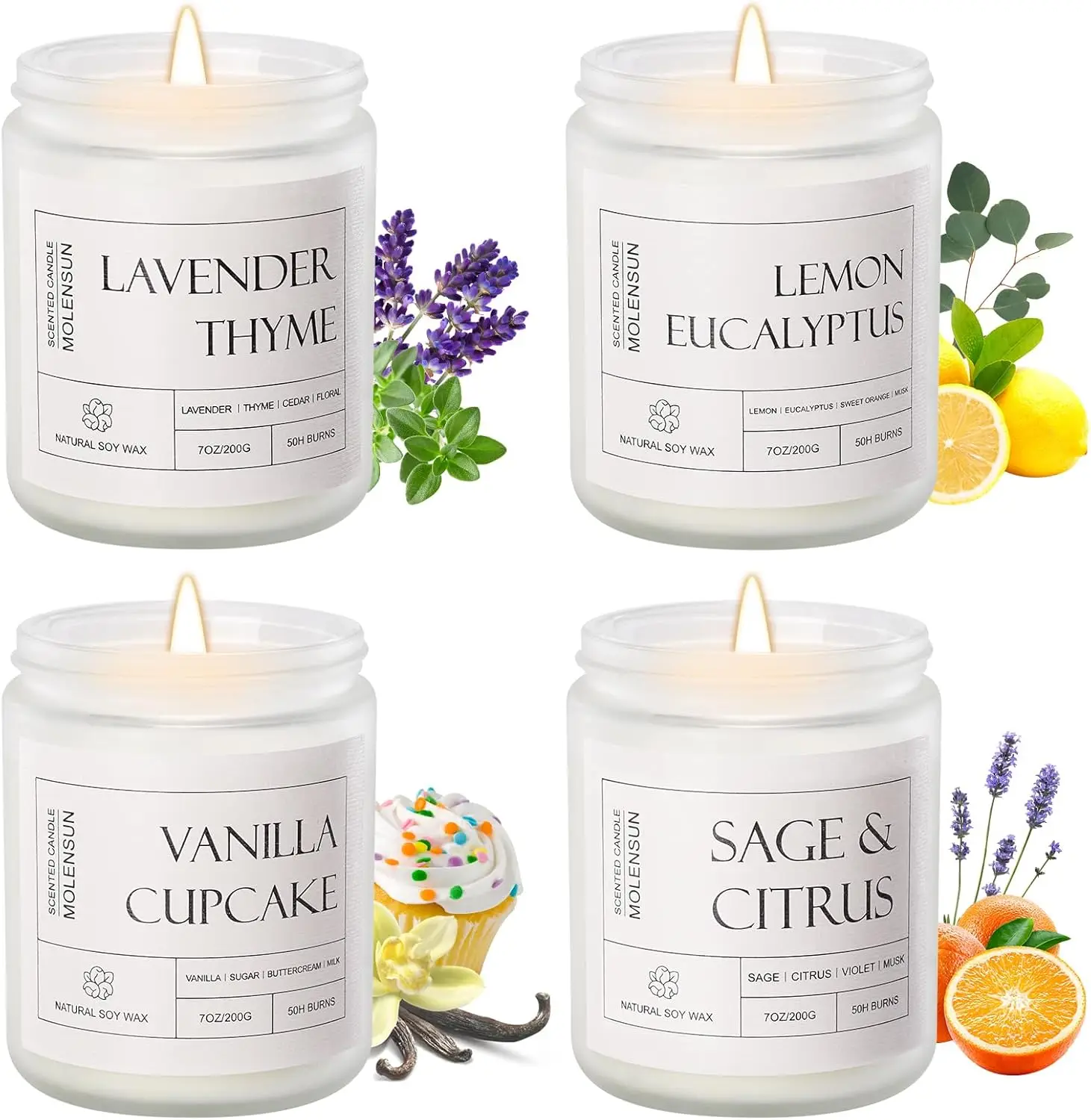 

Набор из 4 ароматических свечей для дома, долговечные соевые свечи - Лаванда с тимьяном, Лимонный эвкалипт, Шалфей с цитрусами, Ванильный кекс