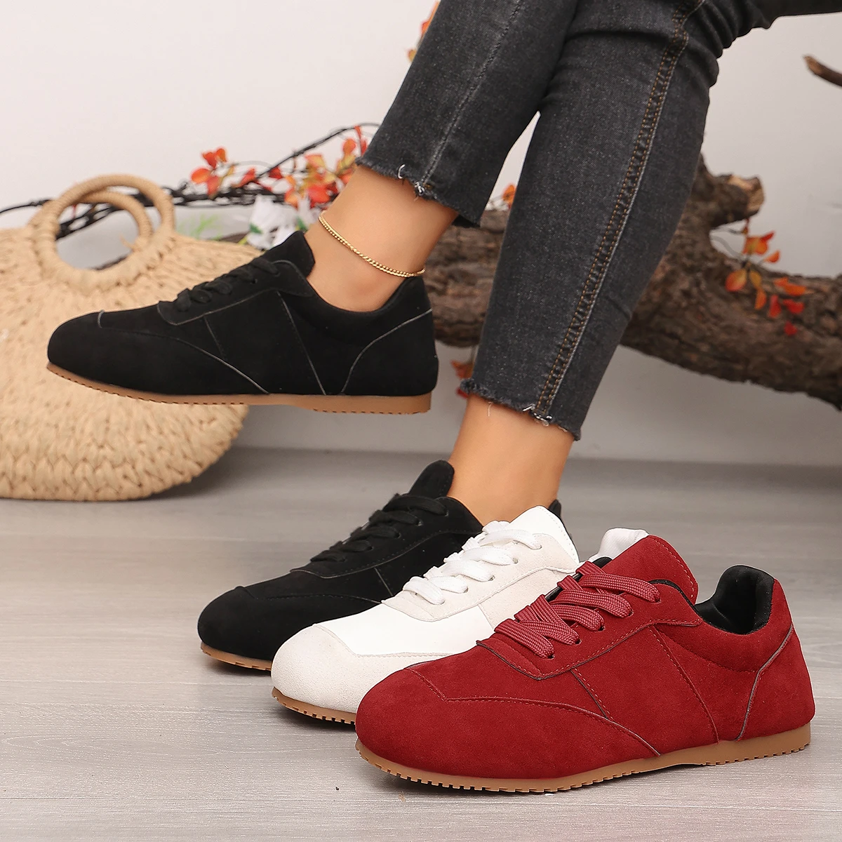 Women Natural Suede sneakers Lace-up 2026 New Sneakers Round Toe Soft Comfort Casual Female Outdoor Drive walk Shoes for Woman