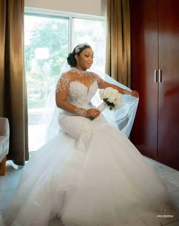 맞춤형 신상 고품질 파티용 긴 소매 인어형 신부 웨딩 드레스