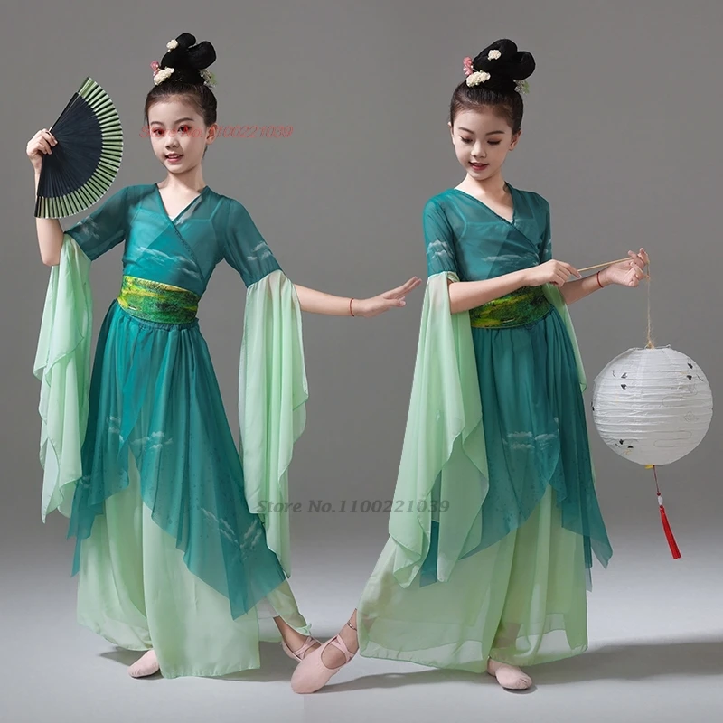 2025年ヴィンテージダンス衣装 伝統的な子供用メッシュ漢服トップス+パンツセット 女の子妖精ドレス トレーニングステージパフォーマンスドレス