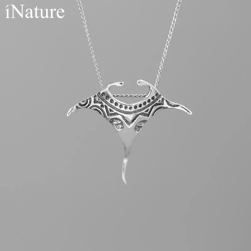 INATURE Vintage 925 Sterling Silver Manta Ray Fish Pendant Necklace For Men Women Fashion Jewelry Gifts