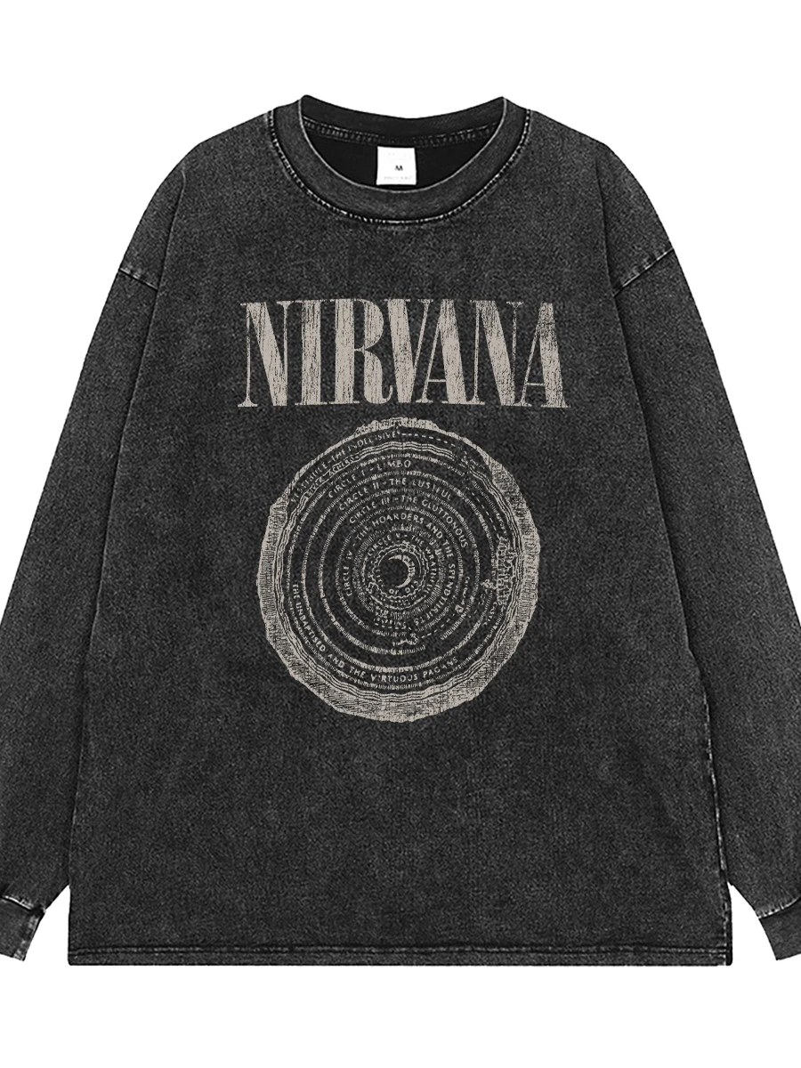 Washed Vintage American Street Rock Long Sleeve T-Shirt Youth Casual Cotton round Neck Print Tee Unisex Summer Anti-Pilling