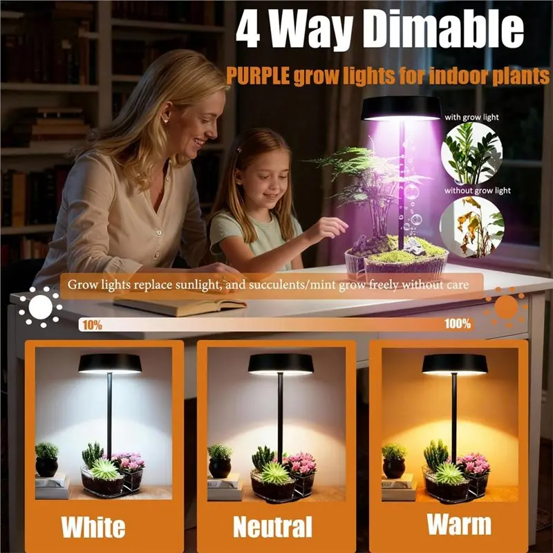 SDFC-Grow Light For Indoor Plants, Battery Powered Cordless Lamp, Table Lamp For Bedroom With 3 Color Dimming, Bedside Lamp