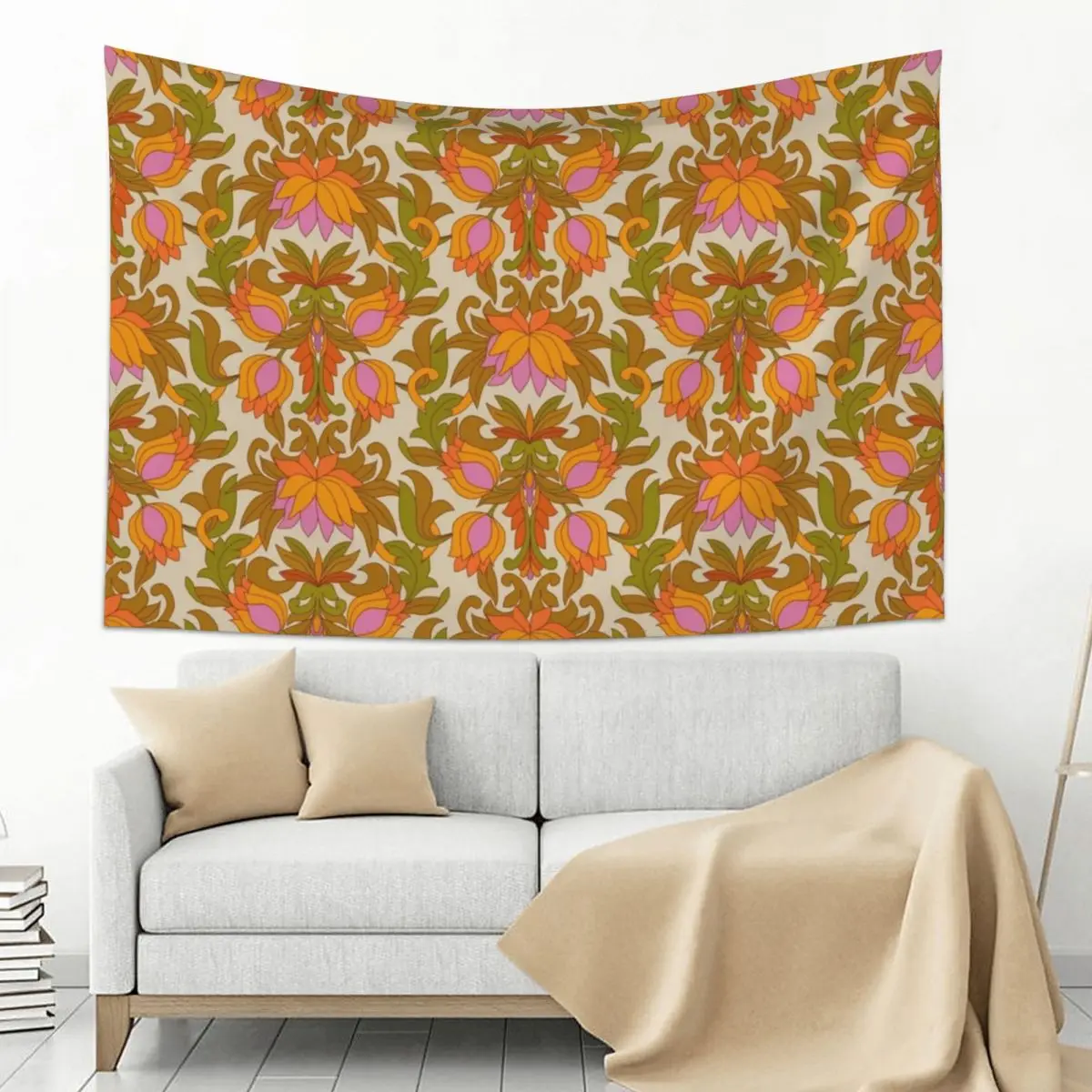 

Orange, Pink Flowers and Green Leaves 1960s Retro Vintage Pattern Tapestry Mushroom Luxury Living Room Decoration Tapestry