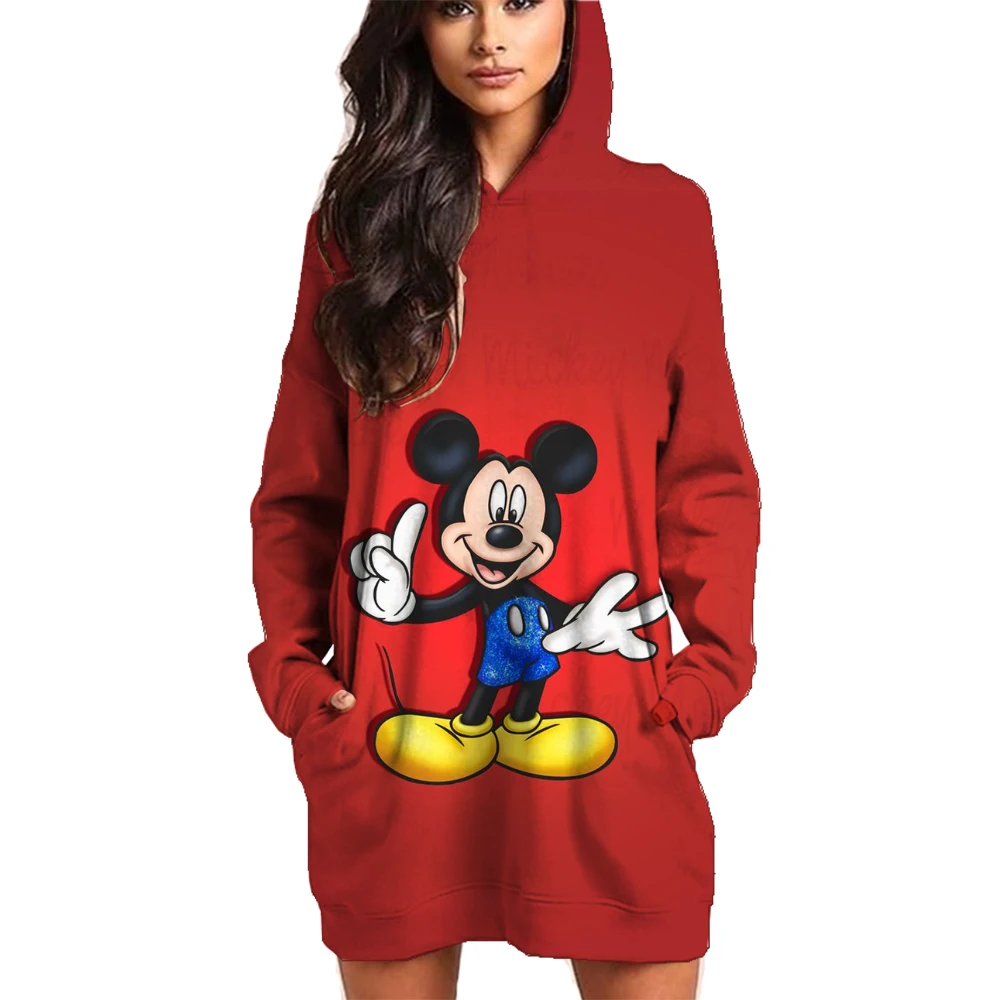 Autumn Winter Disney Mickey Mouse Mickey Print Hoodie Sweater Dress Casual Street Style Fashion Simple Ladies Sweater Dress