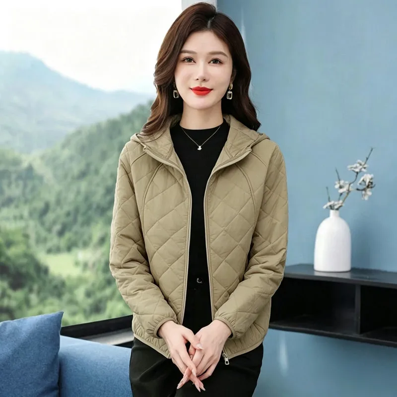 2026 Autumn Coat New Light Down Cotton Jacket Winter Women Short Hooded Loose Rhombus Thick Cotton Coat Female Parkas Outerwear