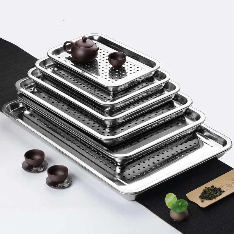 

2Pcs Stainless Steel Tea Cup Storage Tray Fruit Hollow Barbecue Filter Oil Plate Teaware Pan Food Drain Dish Holder Household