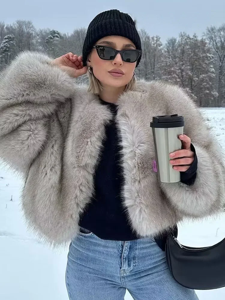 HH Women Winter Fashion Artificial Fur Effect Short Jacket Coats Female O-Neck Vintage Long Sleeve Loose Warm Top Streetwear