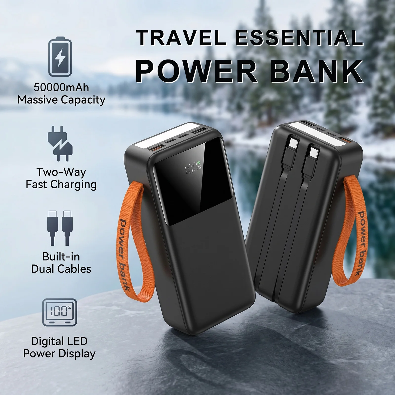 Power bank da 50000 mAh con cavi integrati, connettore USB di tipo C e USB-A, ricarica rapida, batteria esterna portatile ad alta capacità, caricabatterie per smartphone, tablet e altri dispositivi.
