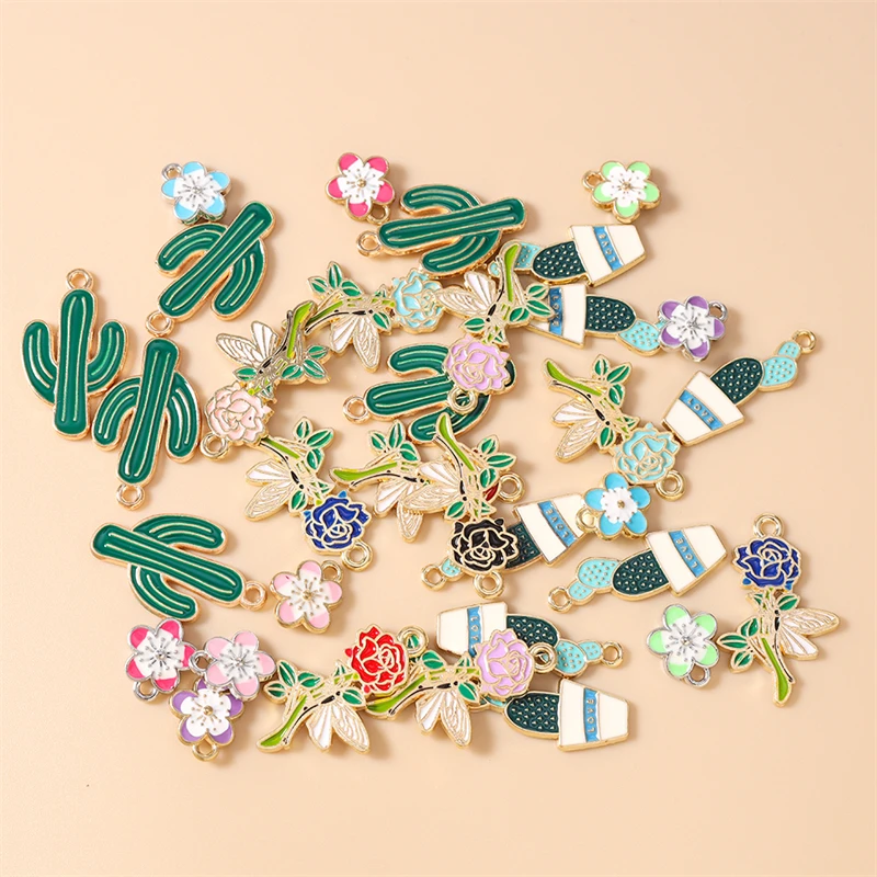 20 Stück niedliche bunte Emaille-Anhänger mit Pflanzen-, Kaktus- und Blumenmotiven für die Schmuckherstellung, Ohrringe, Halsketten, Armbänder, DIY-Bastelbedarf – Detail 2
