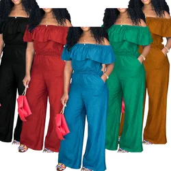 Women Jumpsuits One Piece Slash Neck Rompers Solid Full Length Wide Leg Pants Spliced High Waist Pockets Loose Fit Casual