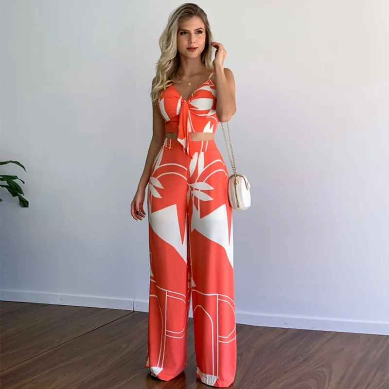 2024 Zomer Vrouw Tweedelige Set Tropische Print Spaghettiband Casual Veters Rug Top Hoge Taille Broek Set 2 Stuks Pak Sets