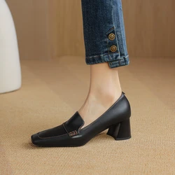 NEW Spring/Autumn Women Loafers Split Leather Shoes for Women Square Toe Chunky Heel Black Shoes Concise High Heel Women Pumps