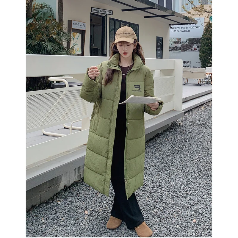 Women Green Medium Length Down Jacket Stand Collar Coat Fashion Windproof Thicken Duck Down Feather Female Letter Winter Outwear