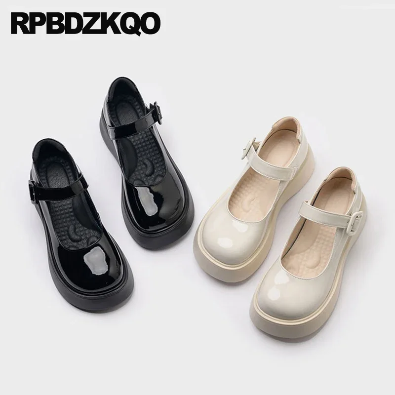 Thick Wedges Retro School Strap Women Creepers Shoes 34 Patent Leather Round Toe Mary Jane Buckle Pumps Muffin Flatforms Cowhide