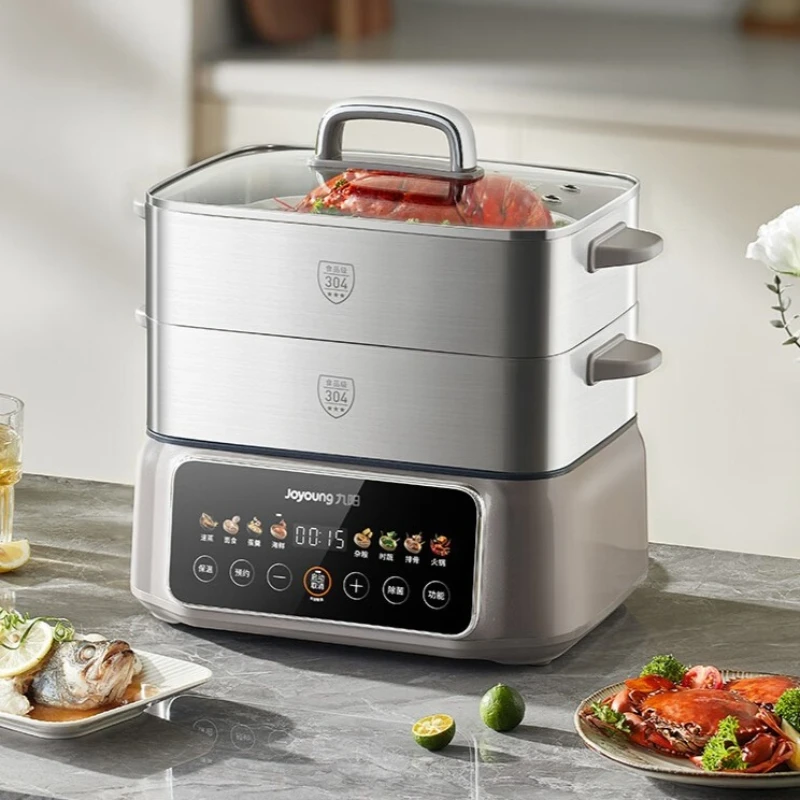 Joyoung Electric Steamer, 3-Layer 304 Stainless Steel All-in-One Steamer for 3-6 People, with Timer Functionality.