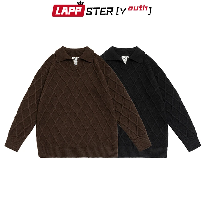 

LAPPSTER-Youth Diamond Harajuku Korean Fashions Sweaters 2023 Pullover Mens Y2k Turndown Collar Sweater Vintage Casual Clothes