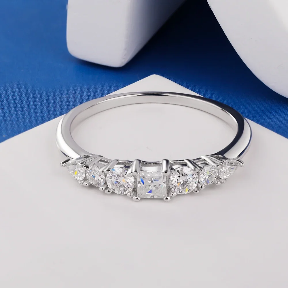 7‑Stone Full Moissanite Half‑Eternity Ring for Women,925 Sterling Silver Stackable Band,Finger Jewelry for Wedding Engagement Anniversary Proposal Birthday Holiday Gift Accessories