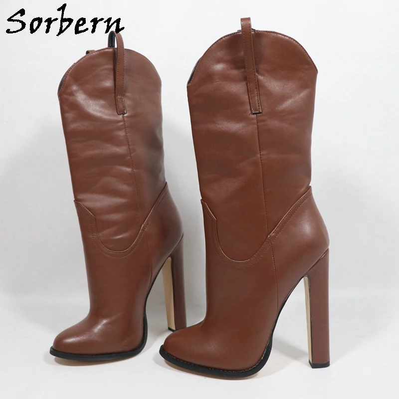 

Sorbern Customized 15cm Thin Block High Heel Boots For Women Low Calf Slip On Boots Pointed Toes Cowboy Booties