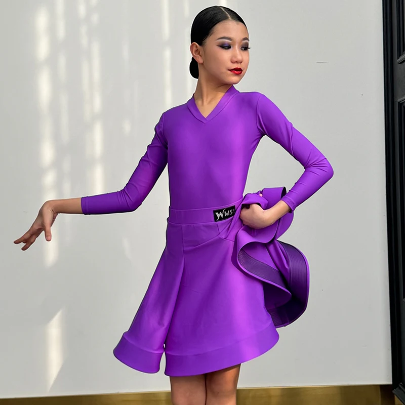 Robe de concours de danse latine pour filles, manches longues, col en V, vêtements d'entraînement professionnel, Cha Cha Rumba, robe de spectacle DNV23056