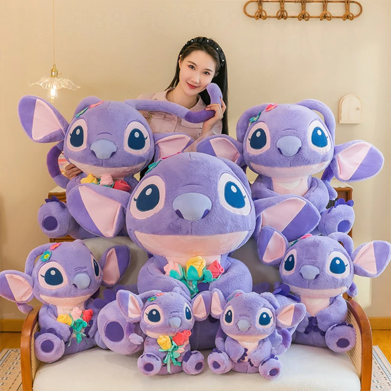 

Kawaii Disney Purple Stitch Hugging Flower Plush Toy Large Cuddly Stuffed Doll Kids Birthday Gift Soft Filled Doll for Children