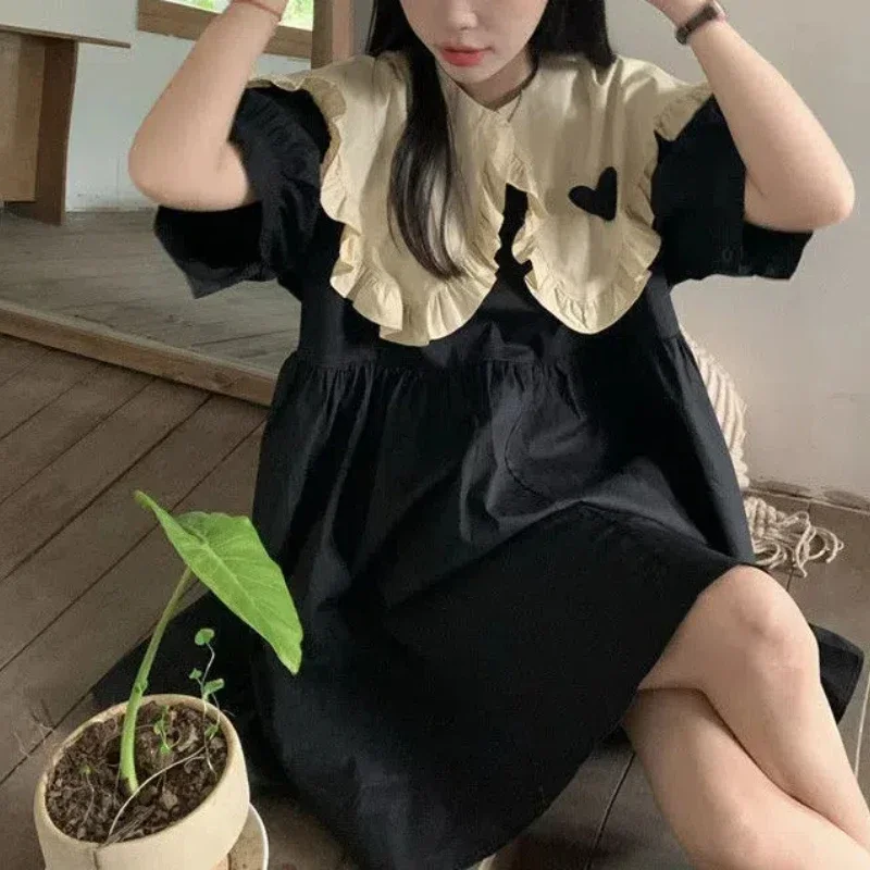 

Женское летнее платье с оборками и вставками, модное, однотонное, свободного кроя, с пышными рукавами и воротником Питер Пэн, 2026, повседневное, с коротким рукавом fsdfds2