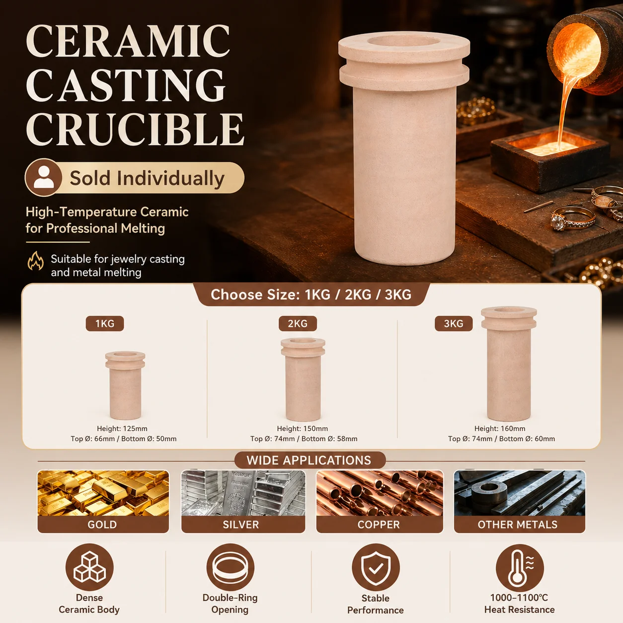 TOOLTOS Ceramic Crucible for Jewelry Casting Ideal Melting Dish for Gold Silver Precious Metals Refining DIY Jewelry Making Tool