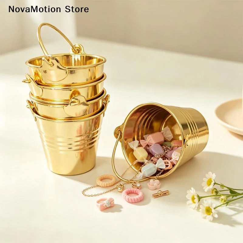 [NM]Multifunctional Stainless Steel Ice Bucket With Handles Round Mini Dollhouse Metal Buckets Thickened Portable Beer Bucket