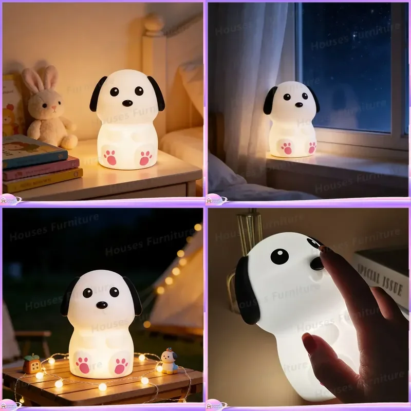 Cute Puppy Silicone Night Light Soft LED Sleep Lamp Creative Gift for Kids Bedroom Dormitory Decor Rechargeable Touch Control