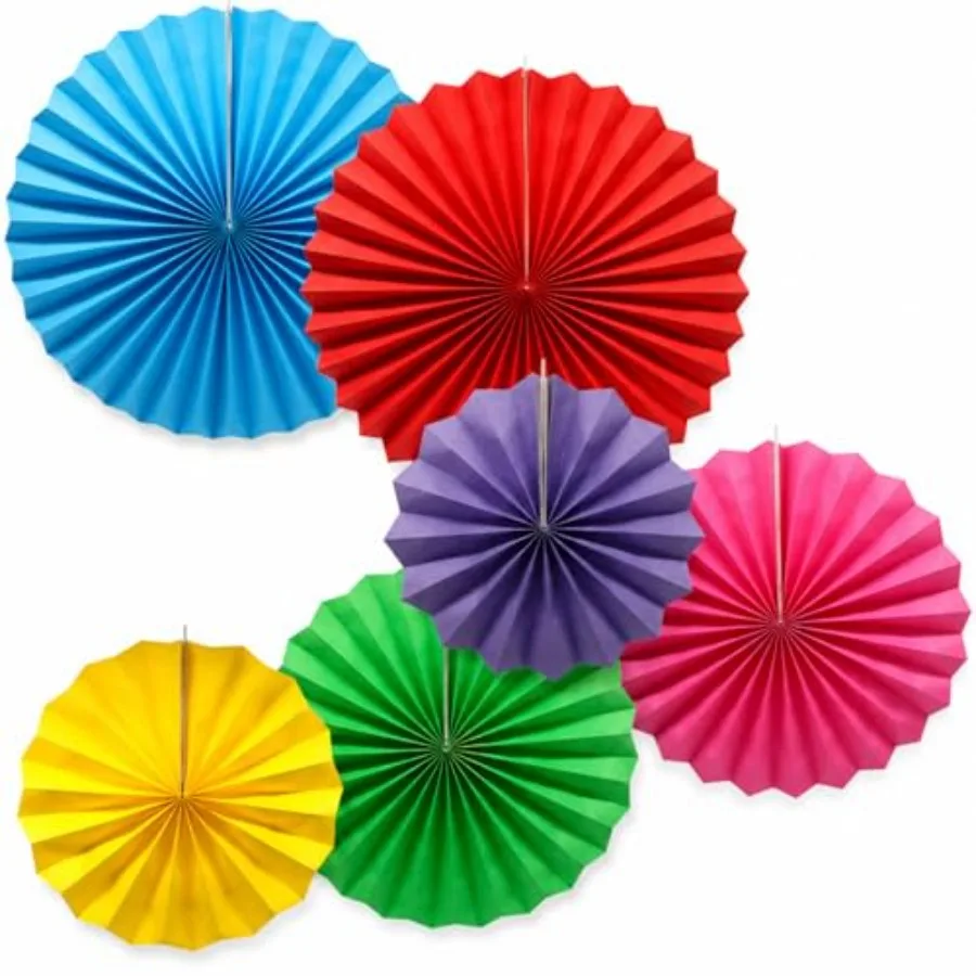 6 Pack Colorful Hanging Paper Fans, Round Pattern Paper Garlands Vibrant Fiesta Pinwheels for Birthday, Back to School Classroo