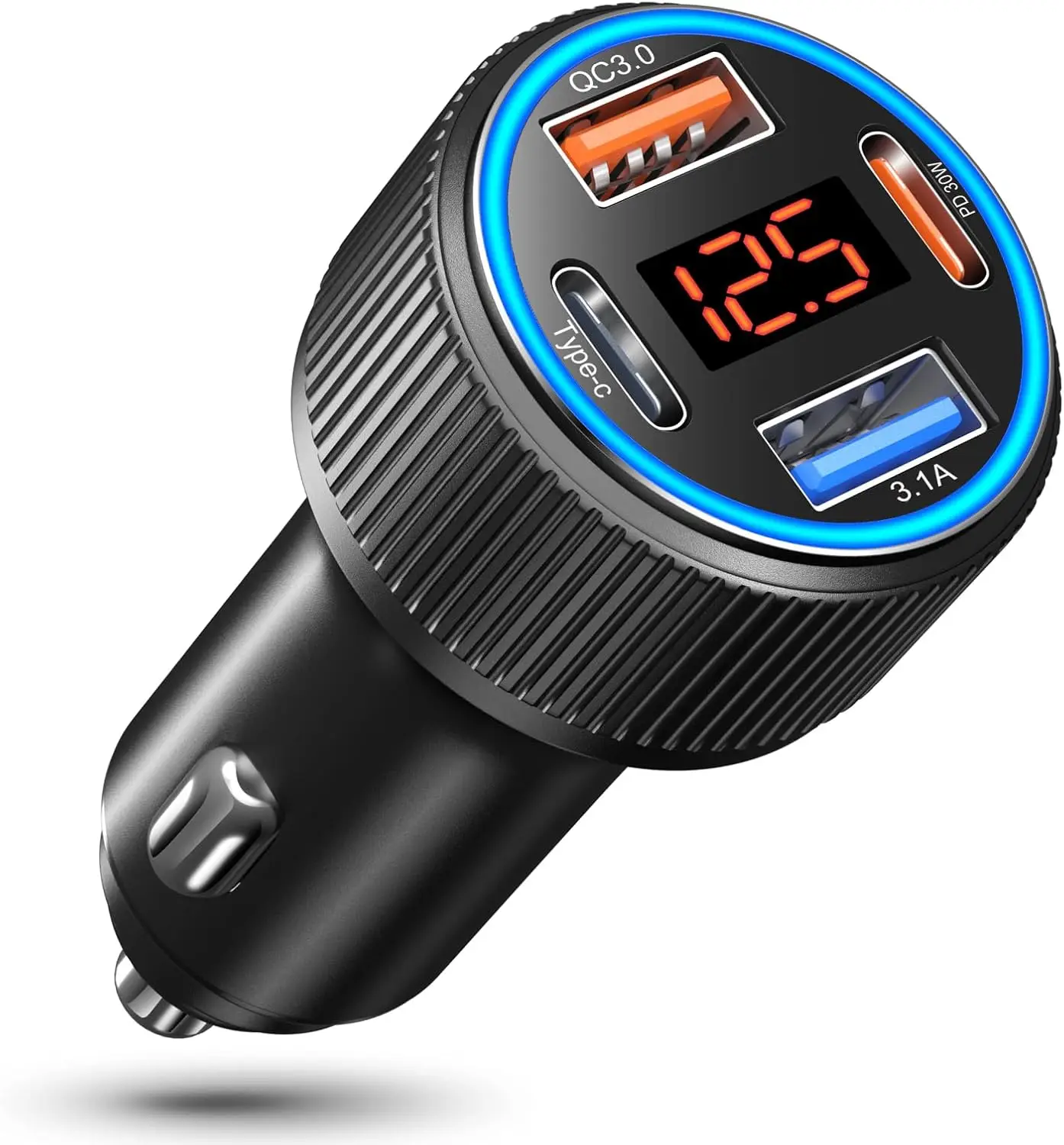 65W Dual USB-C & USB-A Car Charger with Voltmeter, Fast Charging for iPhone Samsung
