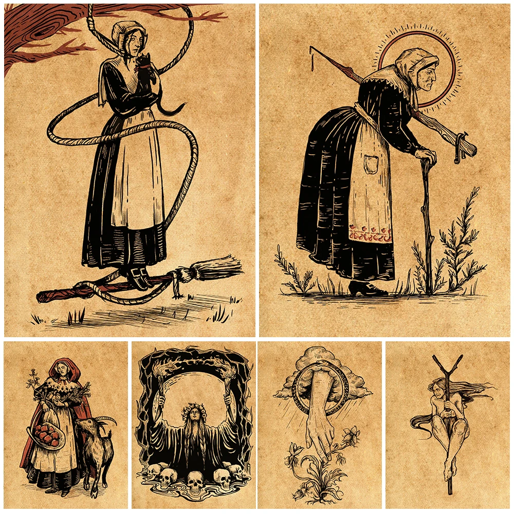 

Witch,Horseshoe,Broom,Black Goat Magic Element Wall Art Canvas Painting Abstract Witchcraft Poster And Print Home Decor Unframed