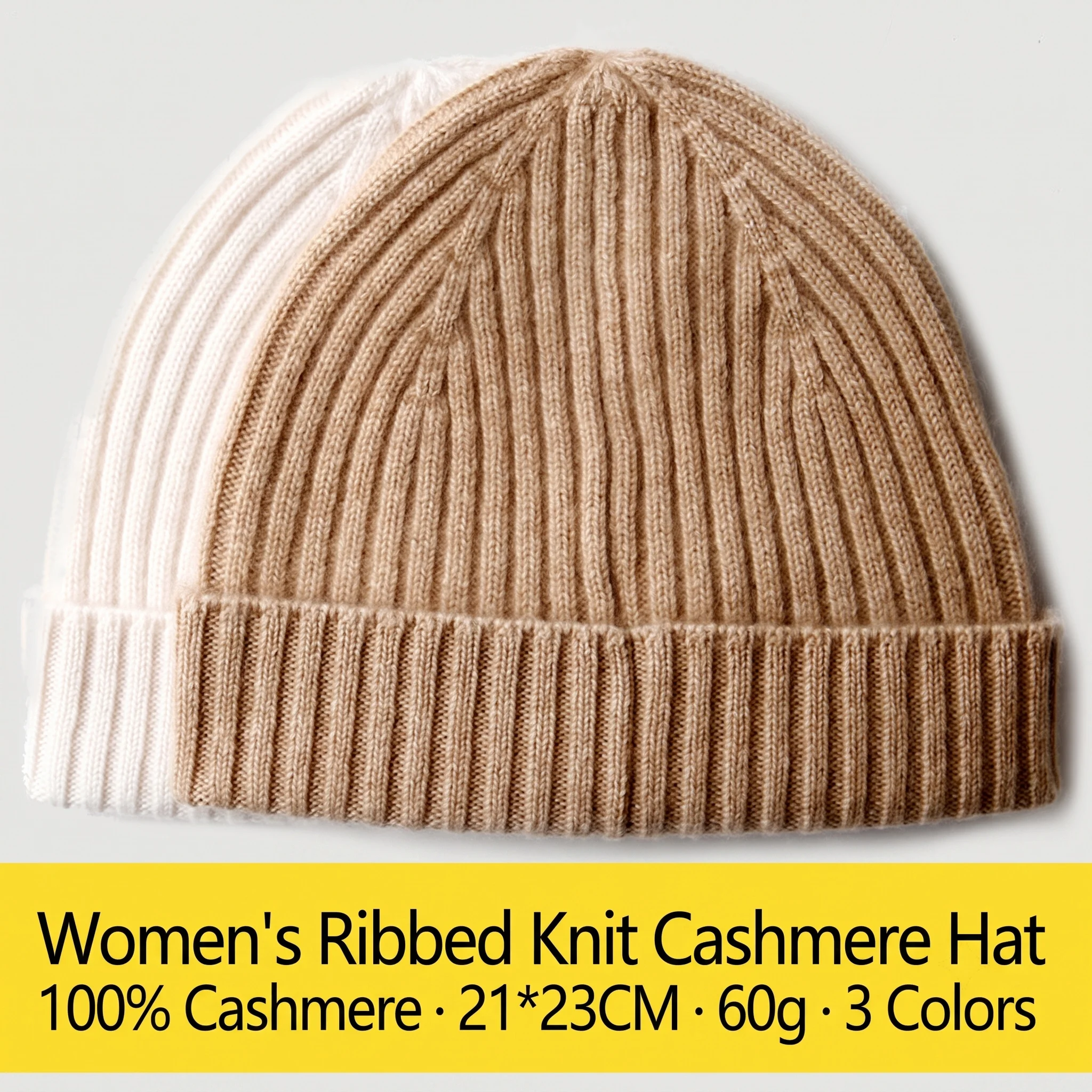 100% Cashmere Ribbed Knit Beanie Hat Women Men Winter Warm Thick Cuffed Foldable Cap 3 Colors Oatmeal Cream Coffee