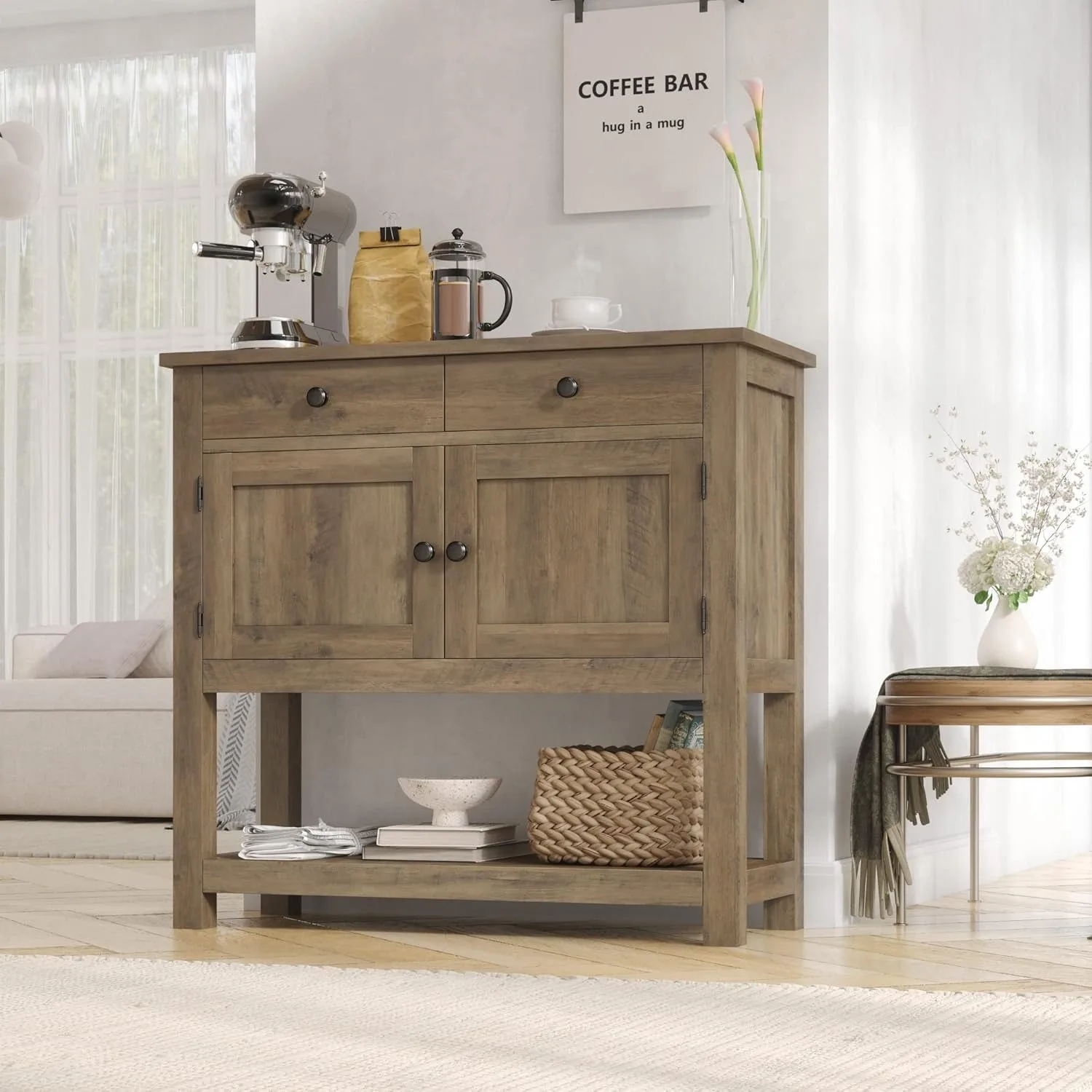 Farmhouse Console Table with 2-Door Cabinet & 2 Drawers, Coffee Bar, Entryway Table with Storage Shelf, Sofa Tables Buffet