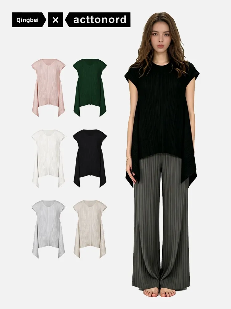 

Qingbei Women's Loose Fit Short Sleeve T-Shirt Bug Series Lightweight Luxury Folded Hemline Design Casual Summer Top