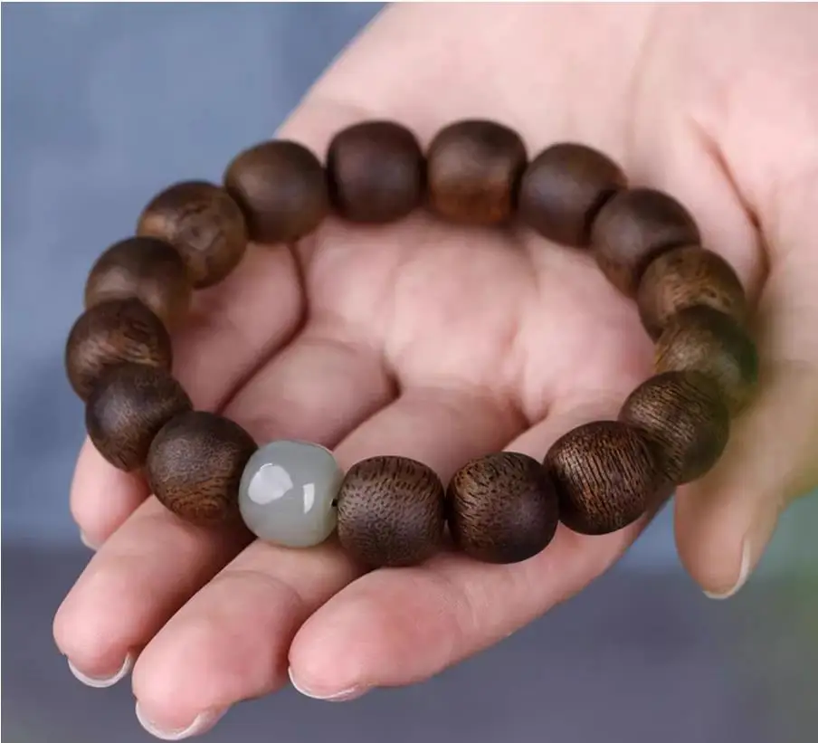 

Bracelet Men's and Women's Same Natural Material SolidWood Hetian Jade Solid Color roundAgarwood Buddha Beads Couple Accessories