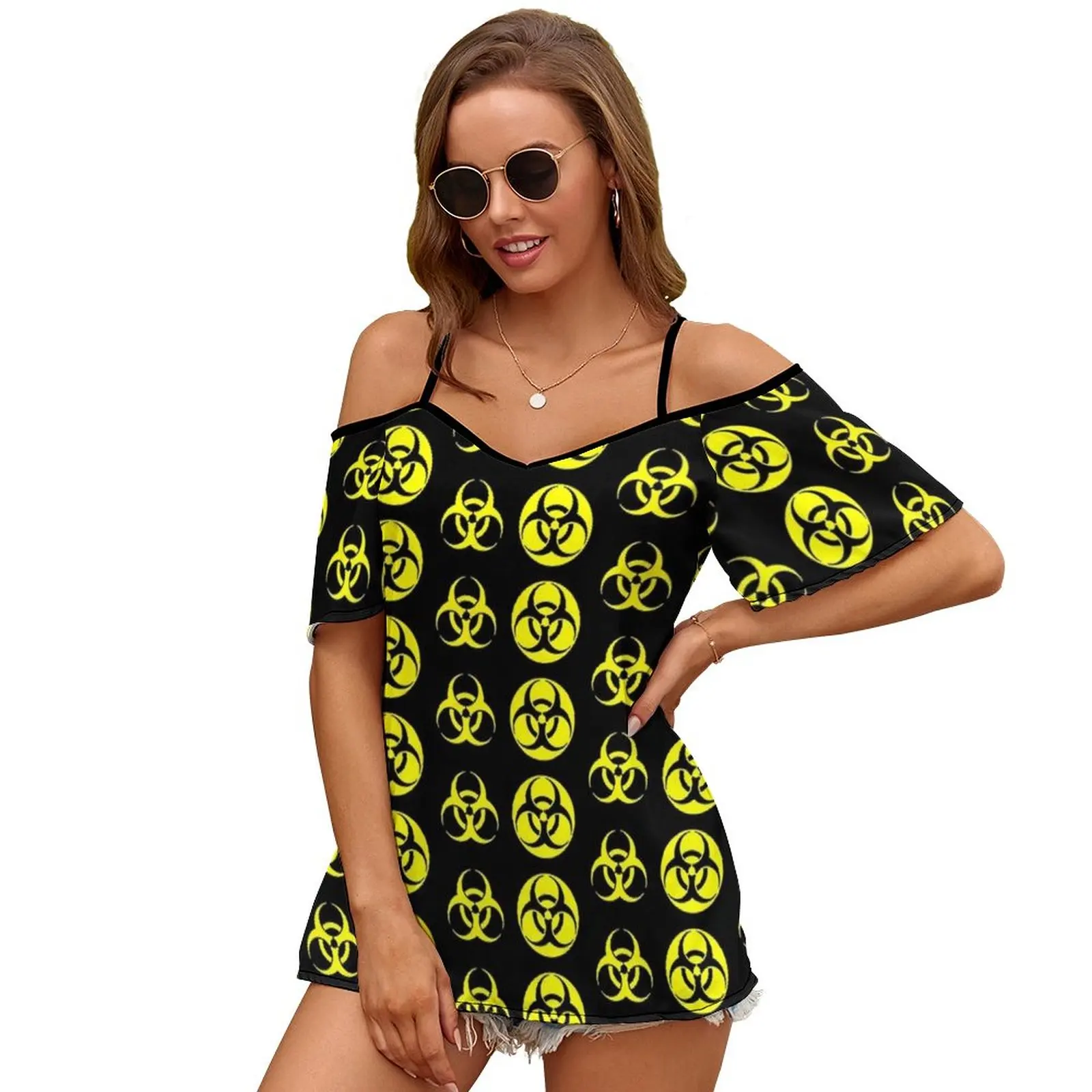 Biohazard Yellow On Black 2144 Women Print T Shirt Casual Off Shoulder Loose Pullover Tops Fashion Clothes Vector Warning