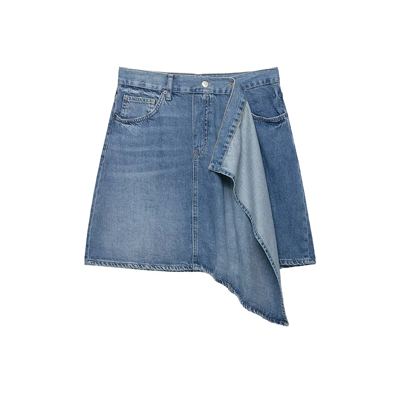 YENKYE  Women High Waist Asymmetric Ruffle Patch Denim Mini Skirt  A-Line Casual Streetwear Skirts