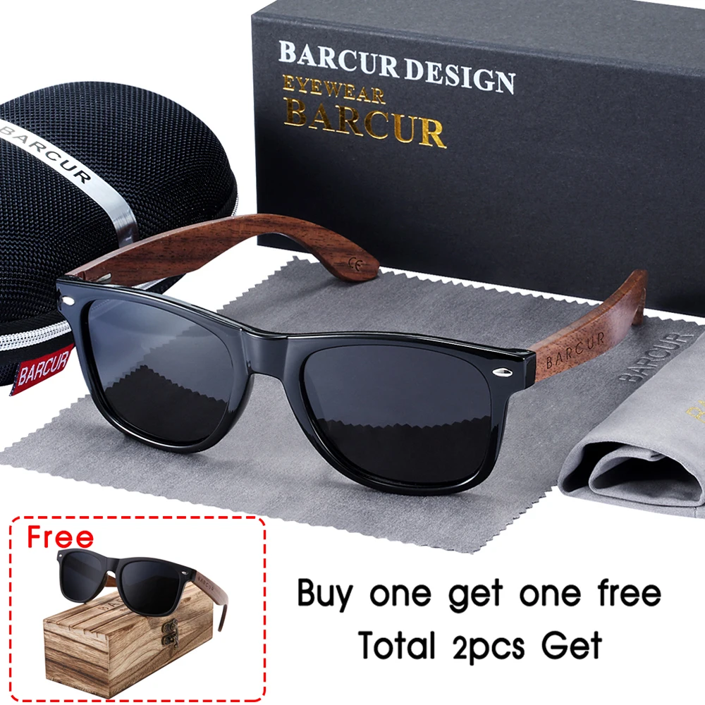 BARCUR Zwarte Walnoot Zonnebril Hout Gepolariseerde Zonnebril Mannen Bril Mannen UV400 Bescherming Eyewear Houten Originele Doos
