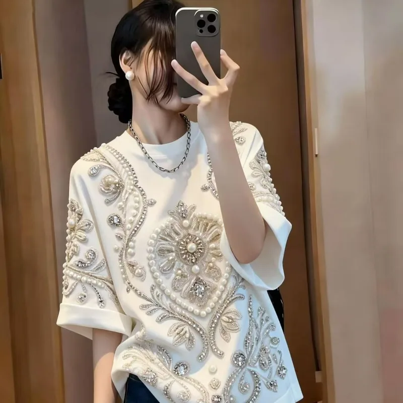 Spring New Temperament Flower Nail Bead T-shirt High-end Wear Beautiful Top Women's Clothing Exquisite Simple Casual Fashion