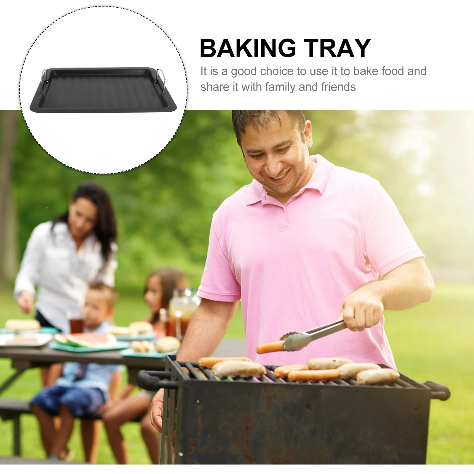 

1pc Non-Stick Coating Uniform Heating Baking Grilling Black Movable Handle Stripe Design Oil Drain Groove Rounded Corners