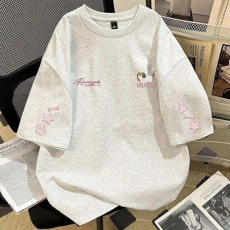 Adorable Dachshund Embroidered Oversized Tee, Short Sleeve Casual T-Shirt with Paw & Star Design, Perfect for Daily Wear Outings