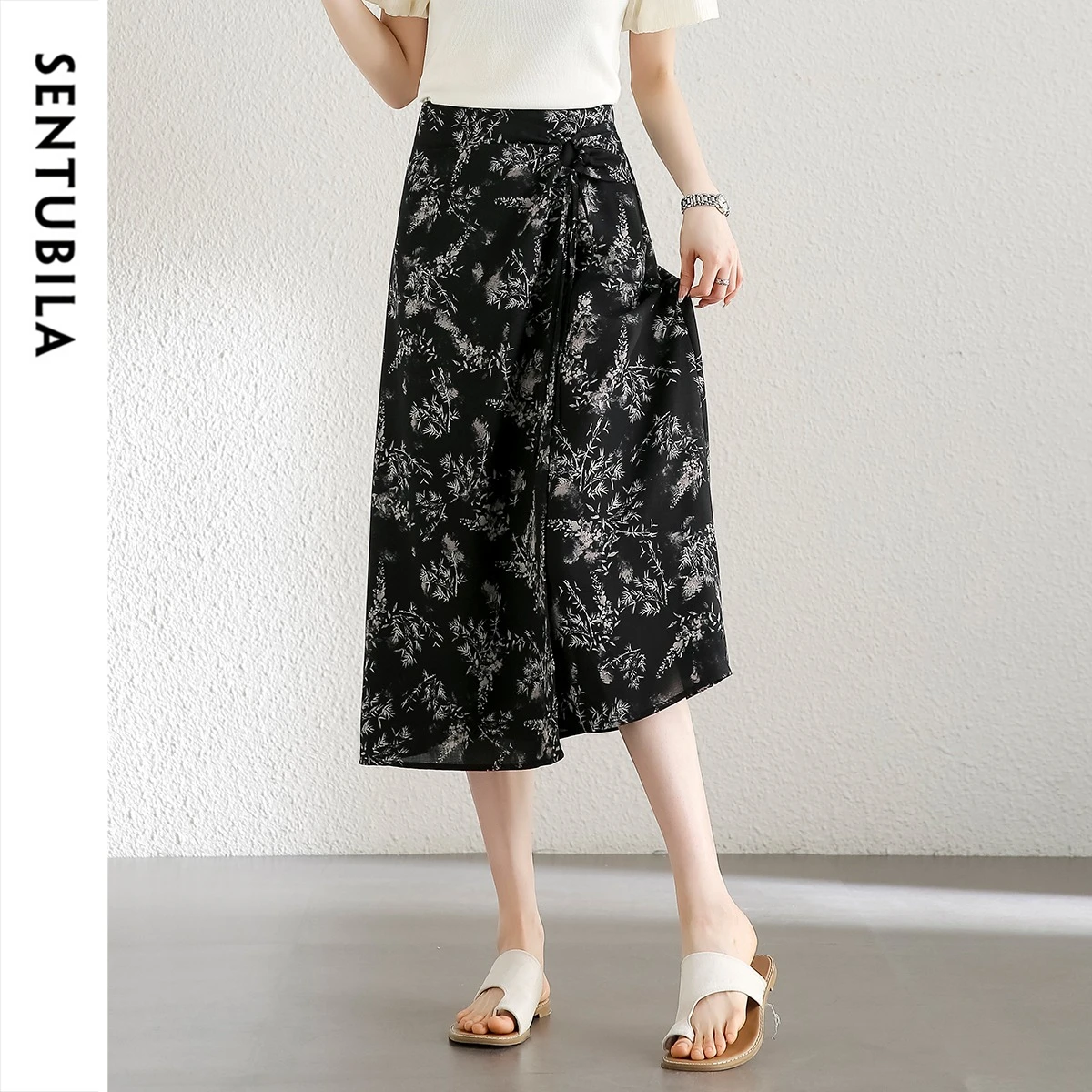 SENTUBILA Women New Chinese Style Floral Chiffon Midi Skirt Drawstring Waist A-Line Elegant Casual Flowy Long Skirt 162QA6244X