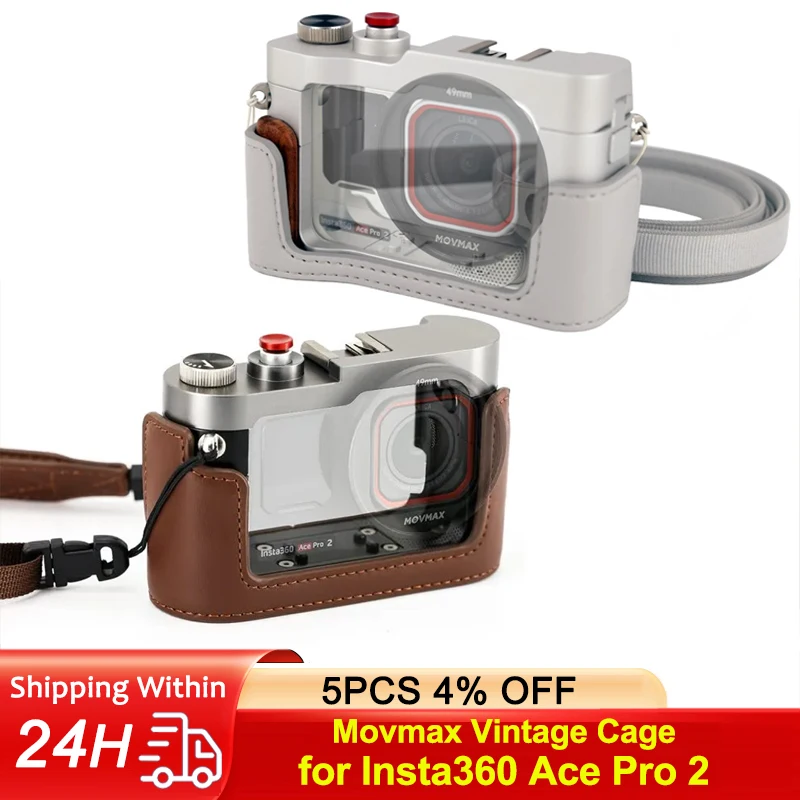 Movmax Vintage Leather Cage Protective Frame Case with Shoulder Strap for Insta360 Ace Pro 2
