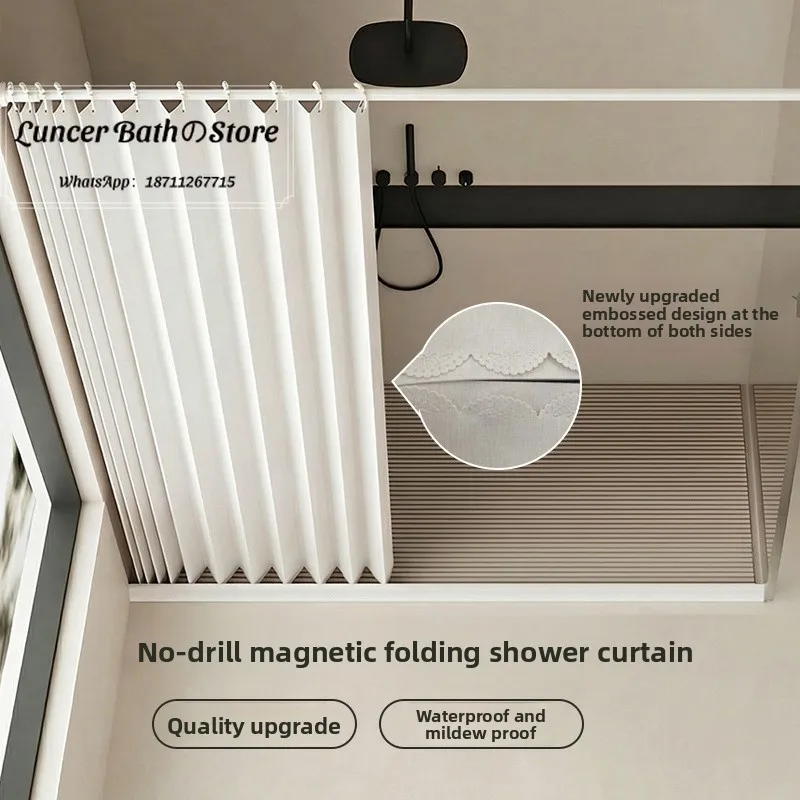 Magnetic No Drilling Foldable Shower Curtain, Thick Waterproof Bathroom Drapes for Wet Dry Separation, Mold Proof