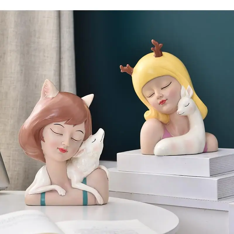 

Resin Young Girl Human Sculpture Lovely Animal Cartoons Children's Room Decoration Modern Home Furnishings