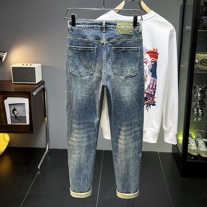 Autumn and winter jeans for men 2024 new fashion high-end street trendy casual all-matching skinny stretch slim-fit thick pants