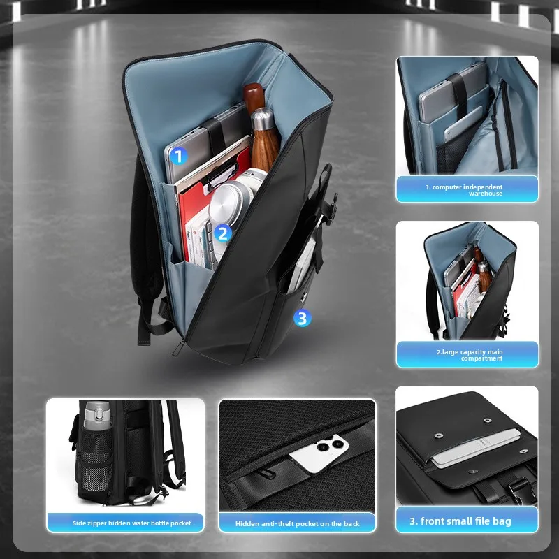 Waterproof PVC film double-shoulder bag with flip cover and lock 16-inch computer backpack, simple student schoolbag